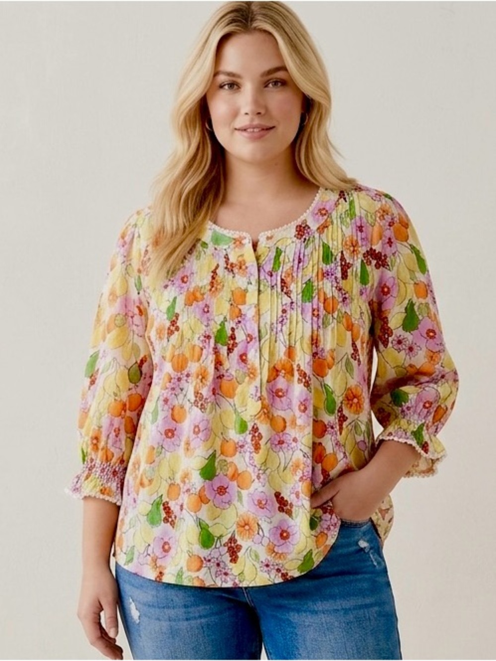 Democracy Women's Plus Size Fruit & Floral Print Pintuck Cotton Blouse SZ 1X